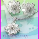 AS253F White Topaz Floral Oval Round Cut 18K White Gold Plated Pendant Necklace Earrings Set 16"