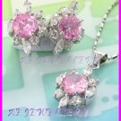 AS255F Pink Sapphire White Topaz 18K White Gold Plated Pendant Necklace Earrings Set 16"