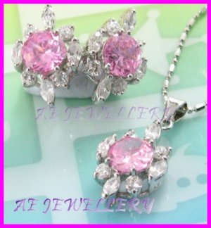 AS255F Pink Sapphire White Topaz 18K White Gold Plated Pendant Necklace Earrings Set 16"