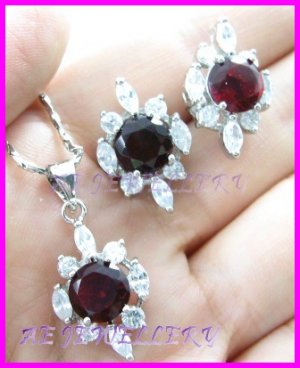 AS256F RUBY White Topaz 18K White Gold Plated Pendant Necklace Earrings Set 16"