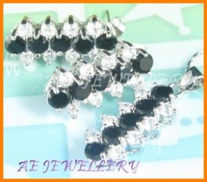 AS039F Black Sapphire White Topaz Round Cut 18K White Gold Plated Pendant Necklace Earrings Set