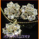 AS042F hite Topaz Floral  18K Yellow Gold Plated Cocktail Pendant Necklace Earrings Set