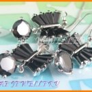 AS134F Black Sapphire Round Octagon Cut 18K White Gold Plated Pendant Necklace Earrings Set 16"