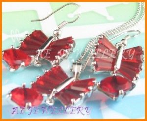 AS136F Ruby Round Octagon Cut 18K White Gold Plated Pendant Necklace Earrings Set 16"