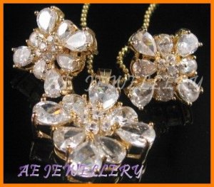 AS143F White Topaz Round Pear Cut 18K Yellow Gold Plated Pendant Necklace Earrings Set 16"