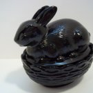 Mosser Glass Jet Black Easter Bunny Rabbit On Nest Basket Candy Dish Box New!