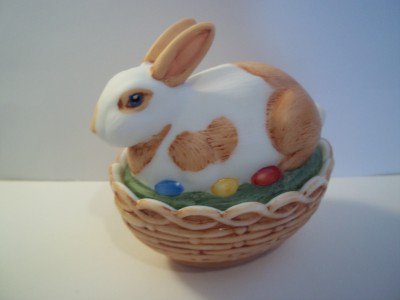 Mosser Glass Natural Brown & White Easter Bunny Rabbit Box Basket Candy Dish!