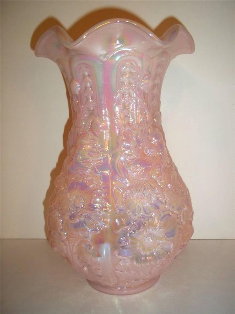 Fenton Glass Shell Pink Carnival Iridized Le Poppy Show Vase Singleton Bailey