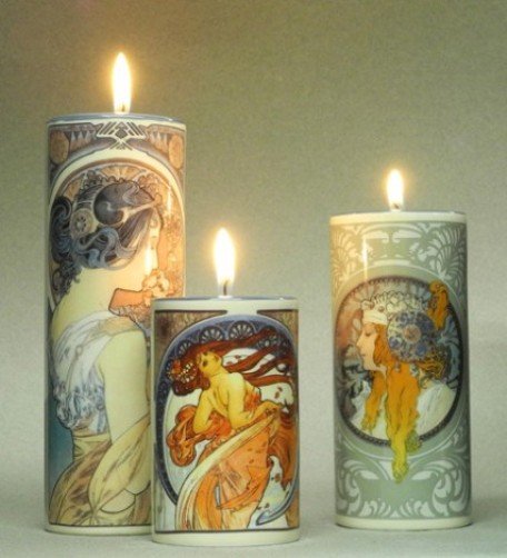 MUCHA Set of Three Arts Heads Feather Ceramic Cylinder Candle Holder Tealight