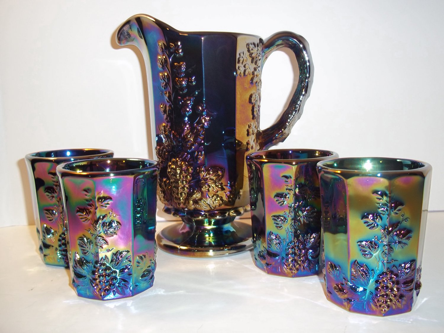 Mosser Glass Amethyst Purple Carnival Paneled Grape Pitcher & 4 ...