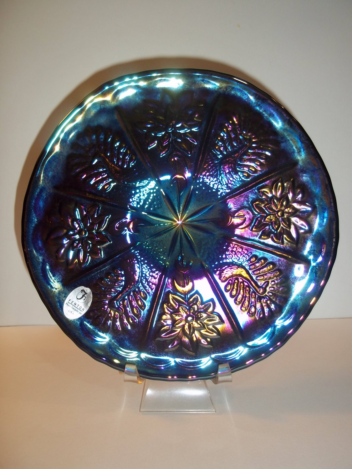 Fenton Glass Black Carnival Peacock & Dahlia 6.5" Plate QVC Ltd Ed 292/900
