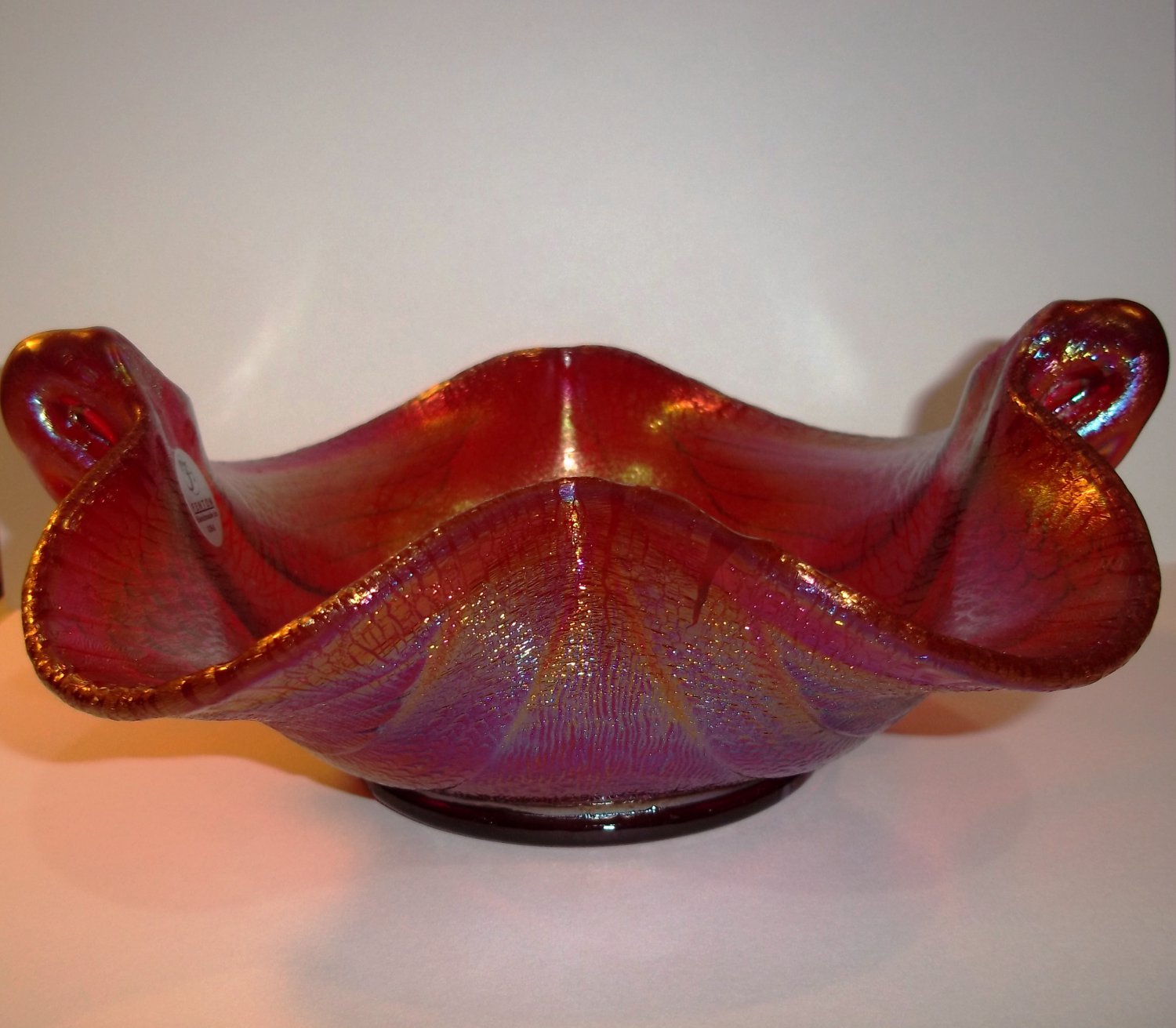 Fenton Glass Ruby Red Carnival Stretch Swan Handled Bowl