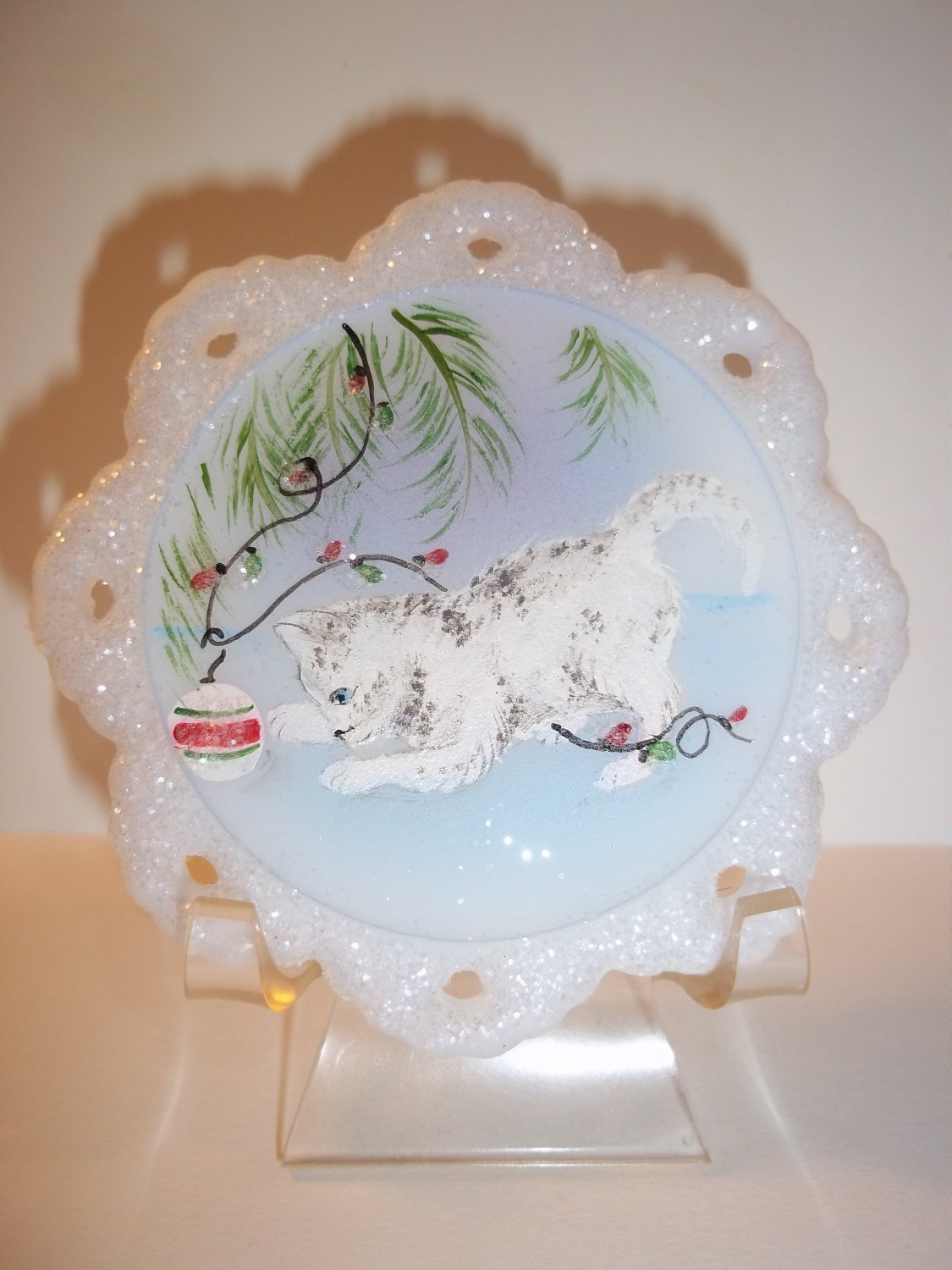 Fenton Glass Grey Tabby Cat Kitten Christmas Ornament NFGS Ltd Ed of 15