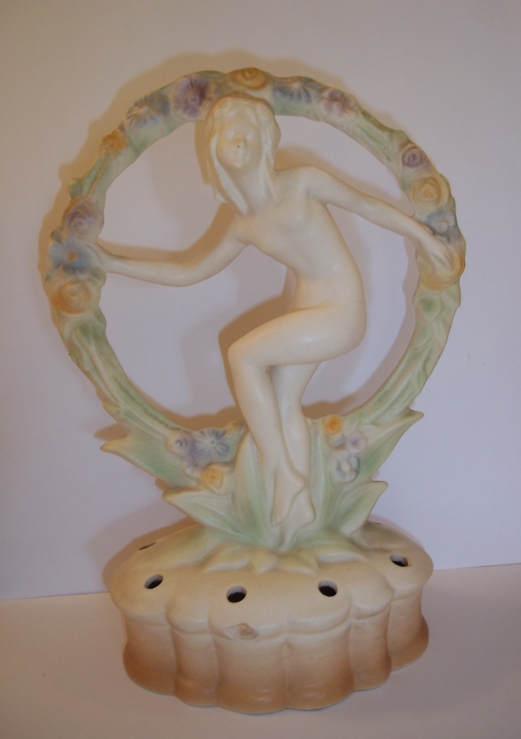 Pottery Nude Nymph In Circle Garland Art Deco Nouveau Flower Frog Germany