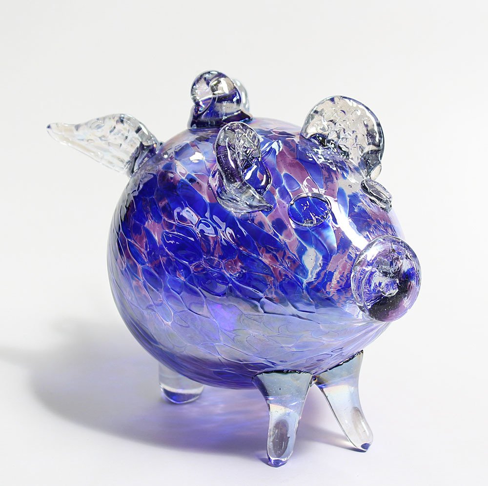 European Art Glass "Ricky Chet" Blue Purple Flying Pig Ornament Witch Ball Kugel