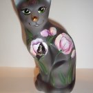 Fenton Glass Gray Tabby Tulips & Butterfly Stylized Cat Ltd Ed GSE K Barley #4/8