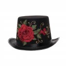 Gothic Steampunk Black Top Hat with Embroidered Red Rose Halloween Costume