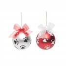 Paw Print Pet Cat Dog Glass Ball Hanging Christmas Ornament Pair Red & White