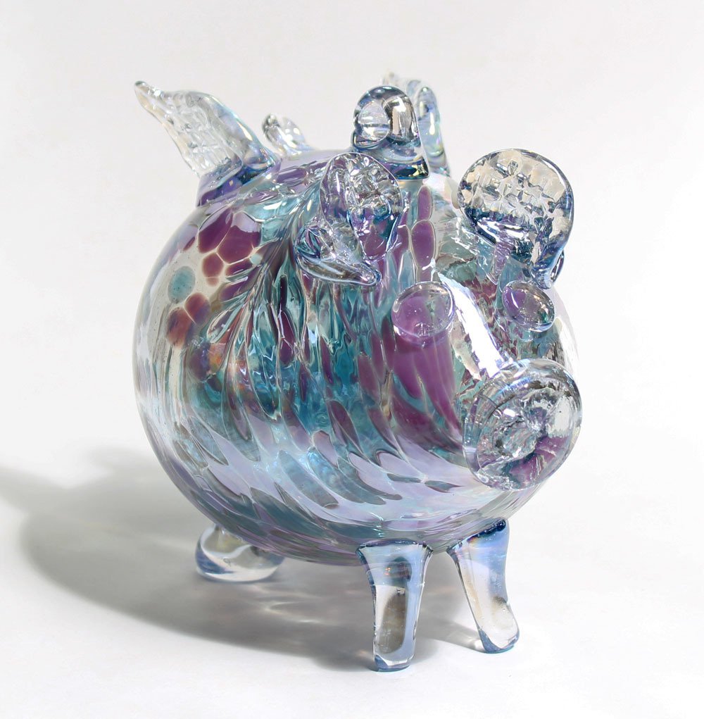 European Art Glass "Sweetie" Aqua Lavender Iridized Flying Pig Ornament Witch Ball Kugel