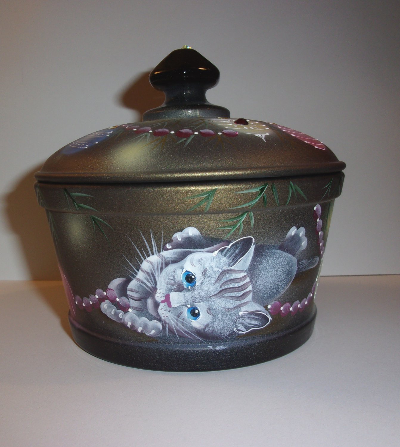 Fenton Mosser Glass "Christmas Kitten" Cat Candy Dish Box LE #11/13 Spindler