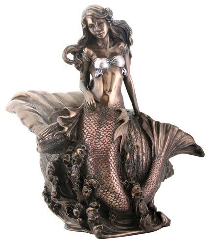 Art Nouveau Style Mermaid Nymph in Shell HP Bronze Finish Nude Statue Figure