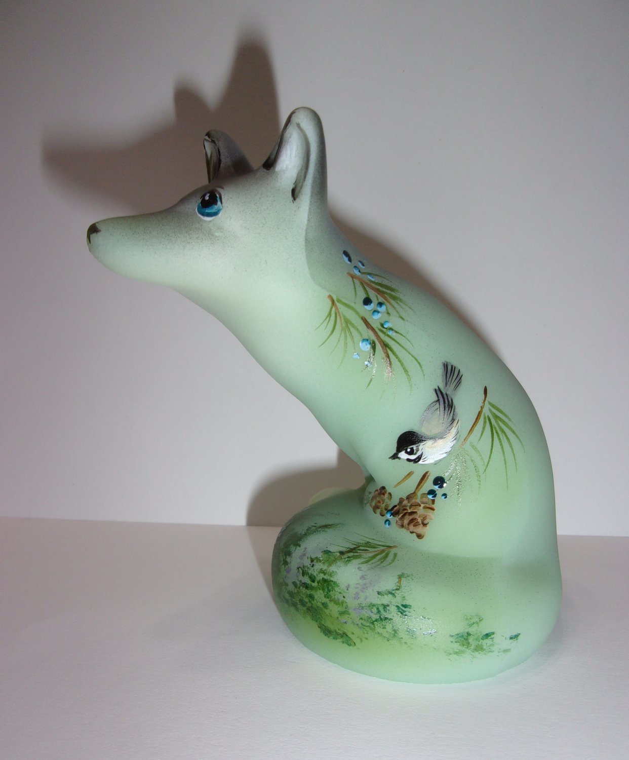Fenton Glass Jadeite Green Chickadee Berries Pine Fox Figurine LE #4/33 M Kibbe