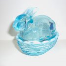 Mosser Glass Aqua Blue Opalescent Easter Bunny Rabbit Nest Basket Box Candy Dish