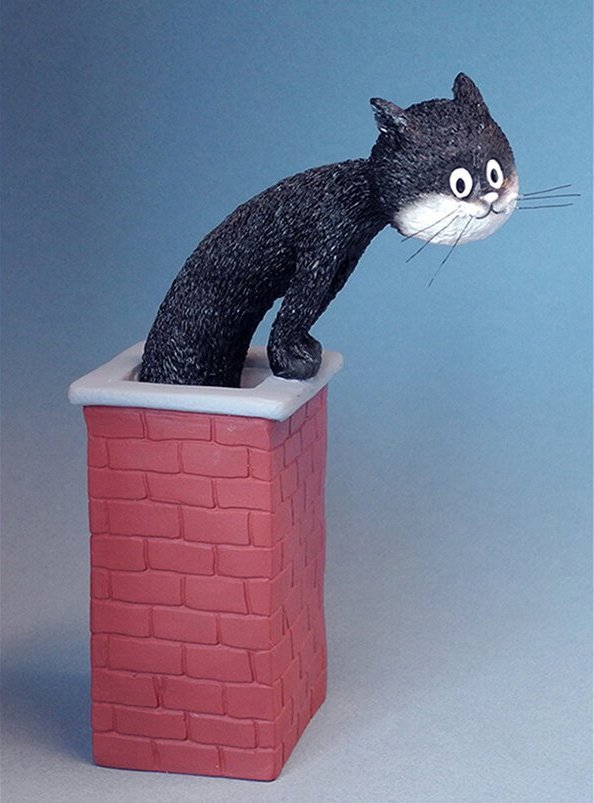 Dubout Cat Statue "Roof Top Fun" Cat Looking Out of Chimney French Art