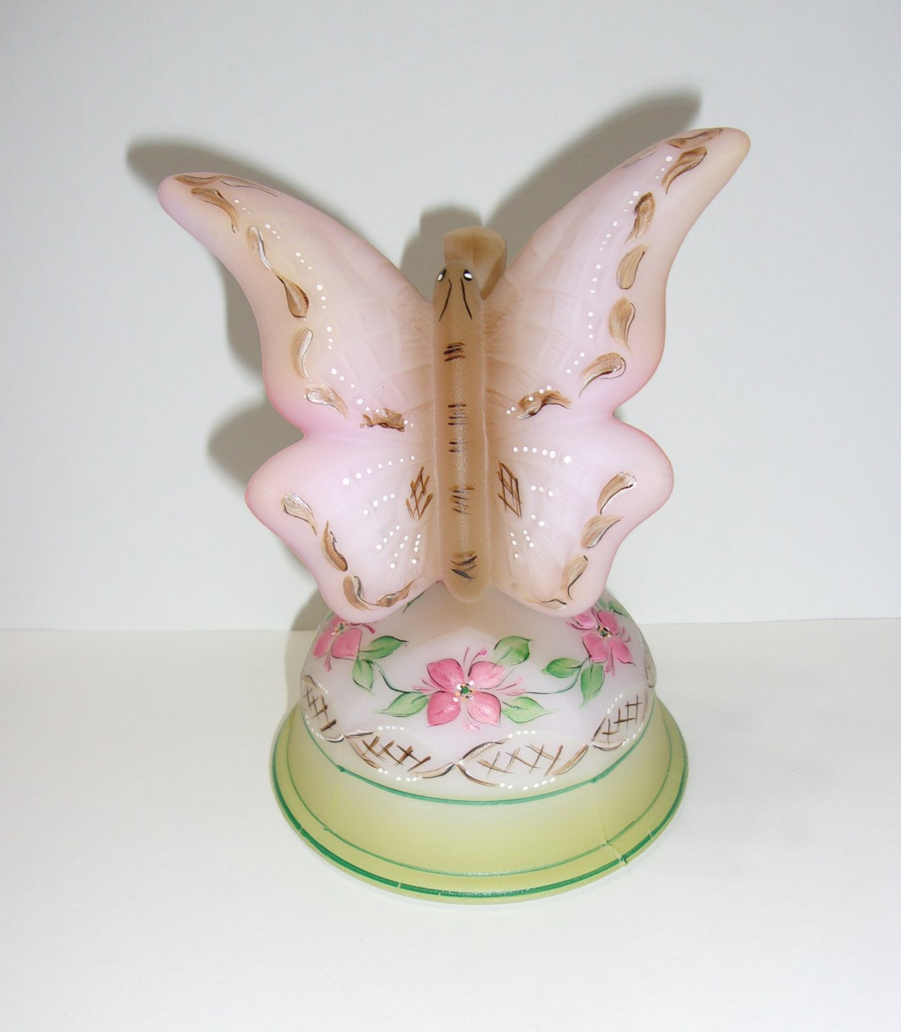 Fenton Glass Butterfly on Branch Pink Floral FAGCA 2021 Ltd Ed of 35 F Burton