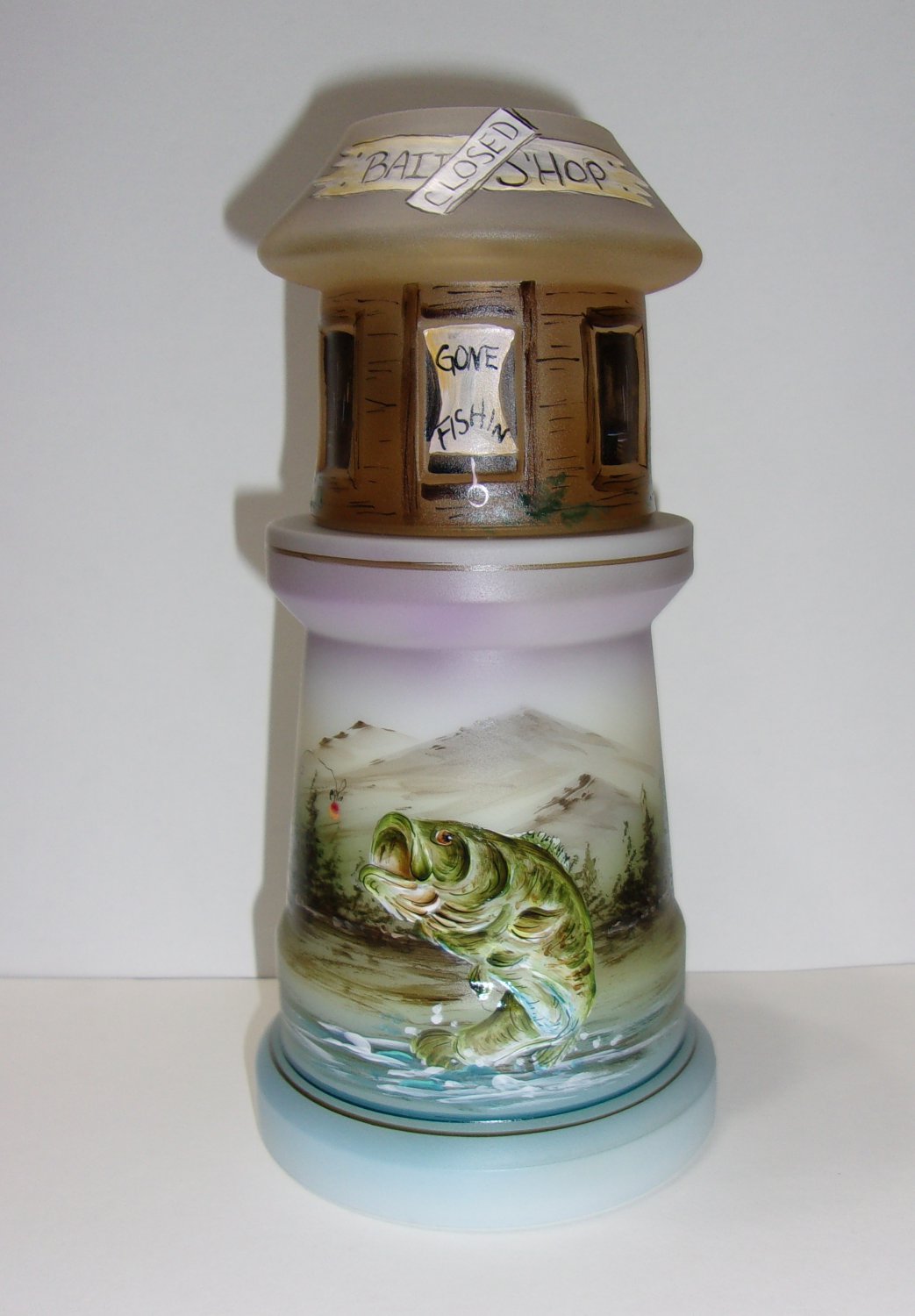 Fenton Glass Gone Fishin' Bass Fishing Lighthouse Fairy Light Lamp Ltd Ed #5/44 Kibbe