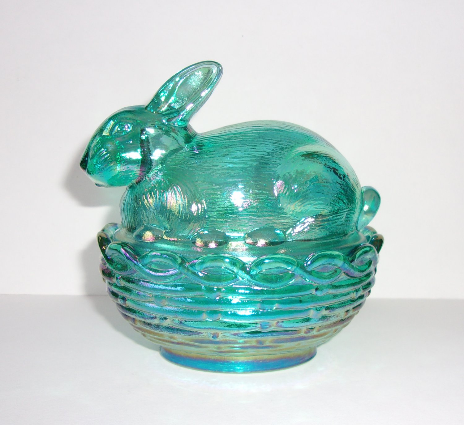 Mosser Glass Teal Carnival Easter Bunny Rabbit On Nest Basket Candy Dish Box!