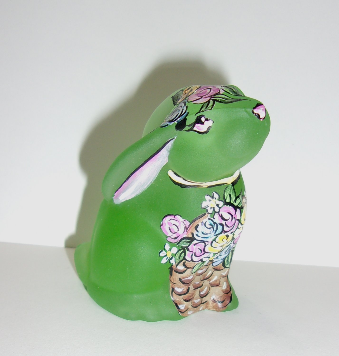 Fenton Glass OOAK Bunny Rabbit Green Satin Flower Basket Easter by Sunday Davis