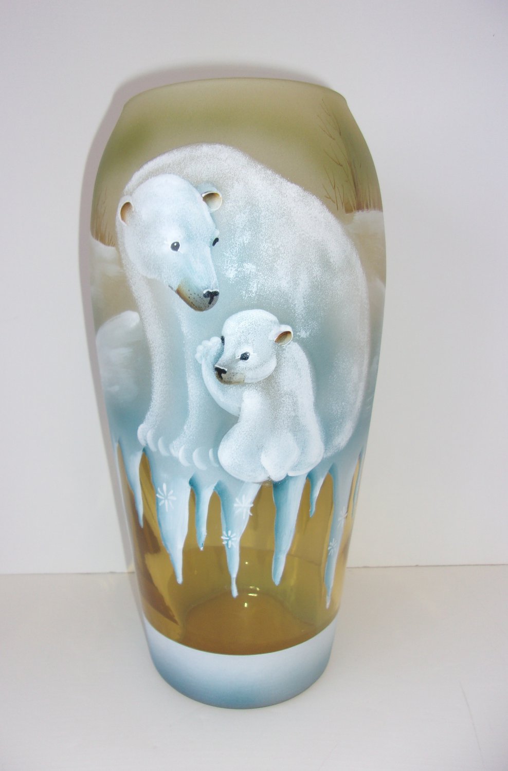 Fenton Glass Amber Polar Bear Mother Cubs Icicles Vase Ltd Ed #7/48 JK Spindler