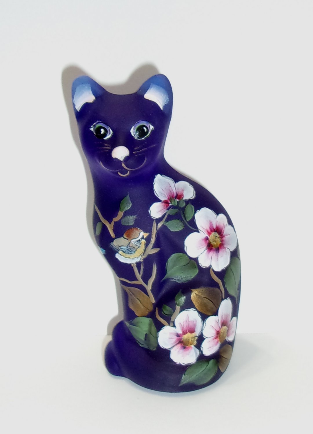 Fenton Glass Cobalt Blue Birdie Blossom Stylized Cat Figurine Ltd Ed #8/31 Kim Barley