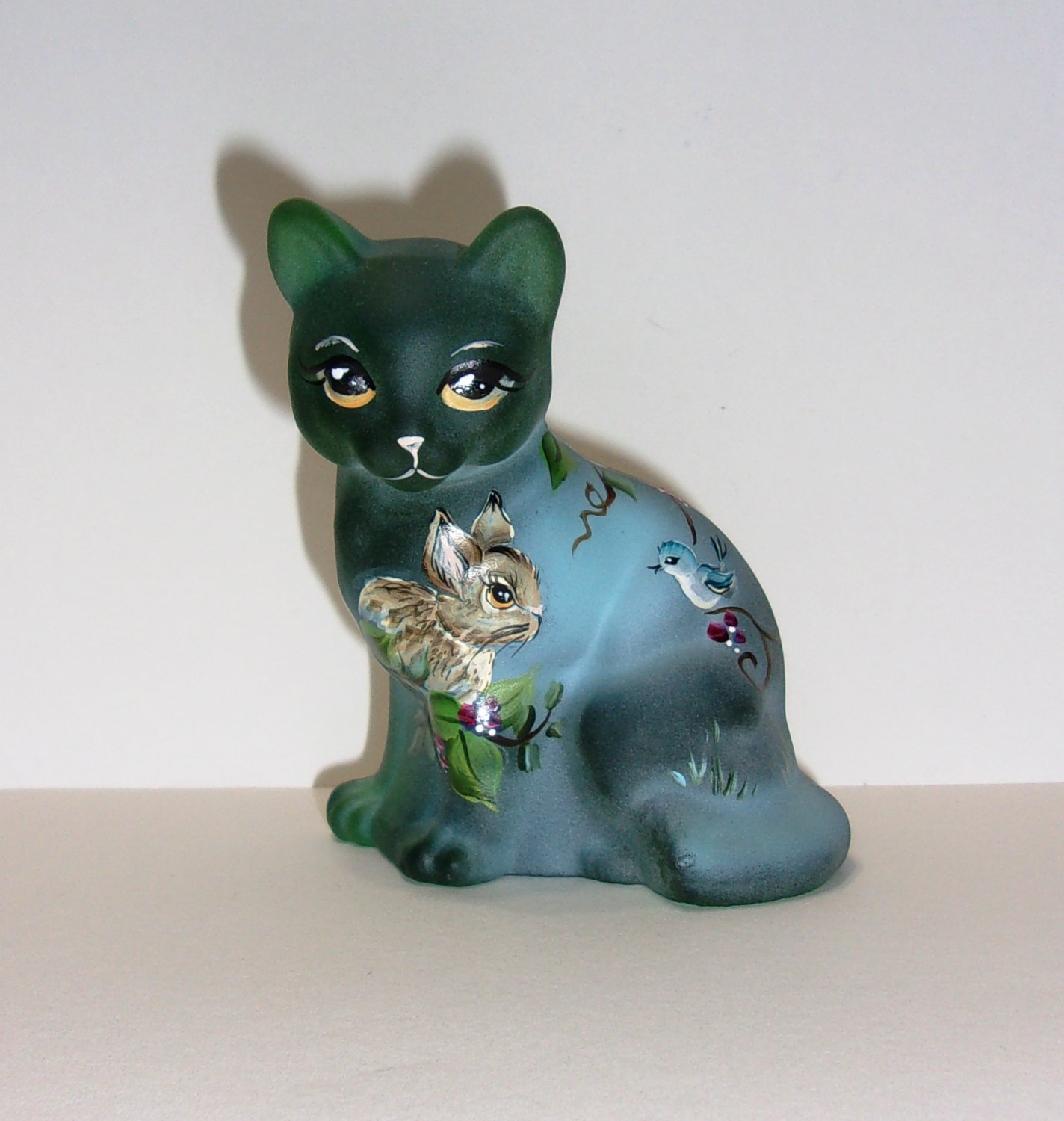 Fenton Glass Emerald Green Bunny Buddy Bluebird Sitting Cat Ltd Ed #1/31 Kibbe