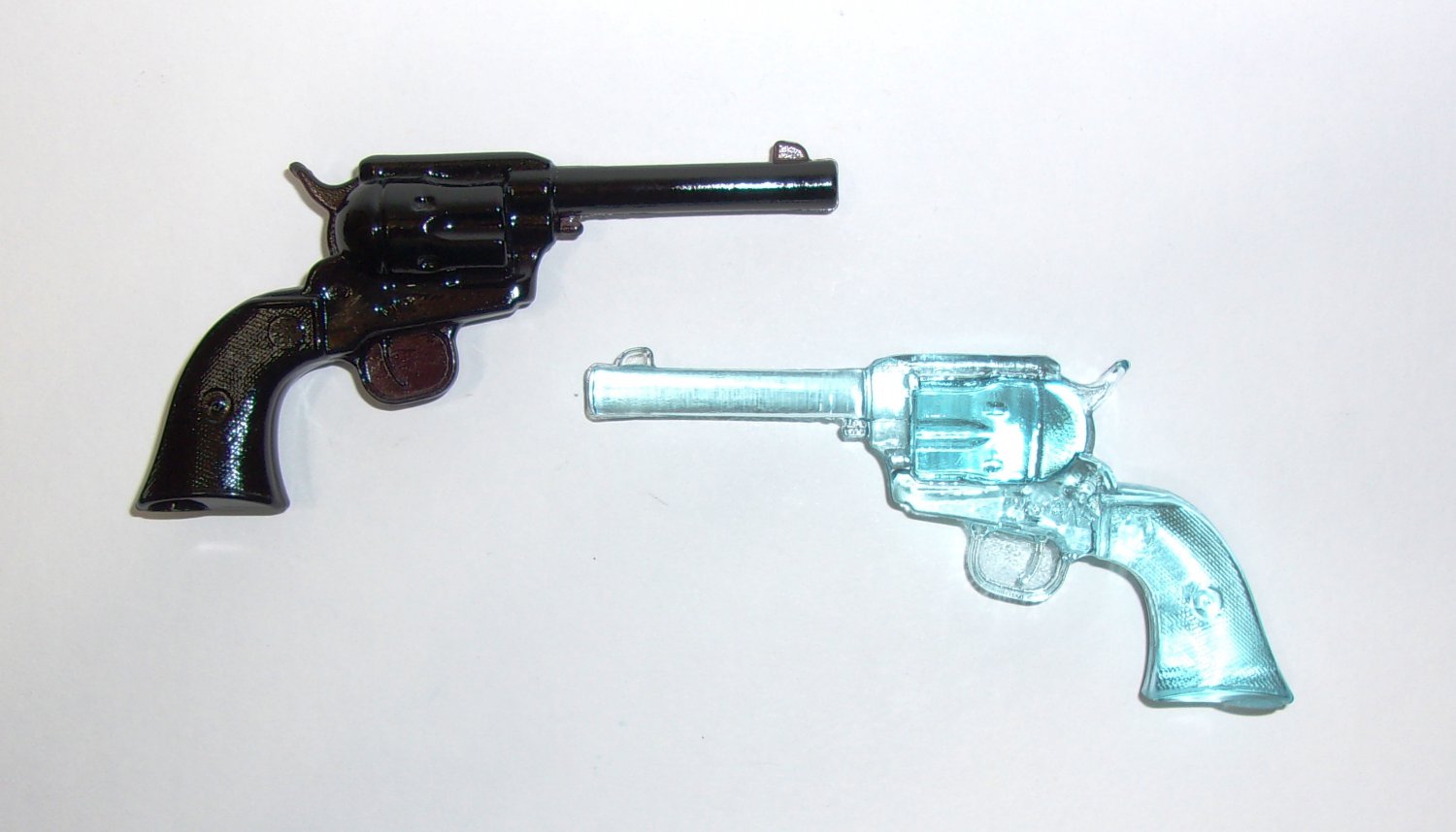 Pair Blue Glow Uranium & Black Amethyst Glass Mini Revolver Pistol Gun Figurines