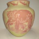 Fenton Glass Burmese Kelsey Murphy Cameo Sand Carved "Salmon Run" Bear Vase Ltd Ed #27/75