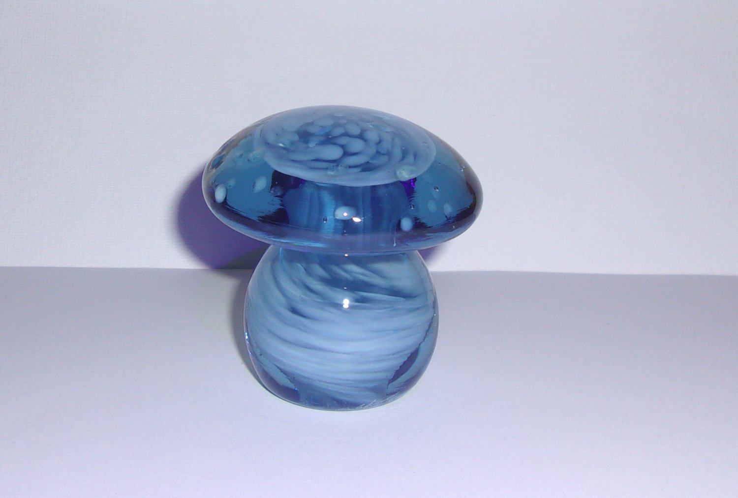 Wilkerson Glass Blue Mushroom Figurine Paperweight UV Reactive Glows Pink Signed