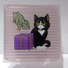 Mosser Glass HP Tile Christmas Kitty Cat by Former Fenton Artist CC Hardman