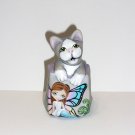 Fenton Glass Grey Cat In A Bag w Fiddle Head Fairy Ltd Ed #6/12 CC Hardman