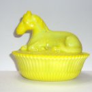 Mosser Glass Dandelion Yellow Pony Horse on Basket Covered Dish Glows