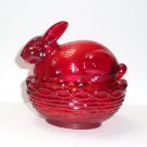 Mosser Glass Red Easter Bunny Rabbit On Nest Basket Candy Dish Box Glows Mosser Glass Red Easter Bunny Rabbit On Nest Basket Candy Dish Box Glows