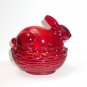 Mosser Glass Red Easter Bunny Rabbit On Nest Basket Candy Dish Box Glows