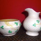 BELLEEK SHAMROCK MINI CREAMER AND SUGAR BOWL. 2ND GREEN MARK
