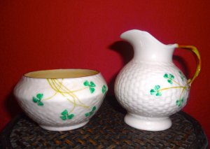 BELLEEK SHAMROCK MINI CREAMER AND SUGAR BOWL. 2ND GREEN MARK