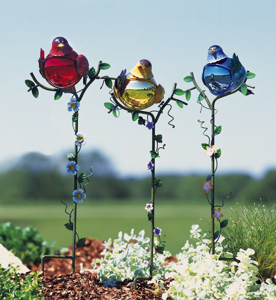 Bird Gazing Balls Garden Stake Set