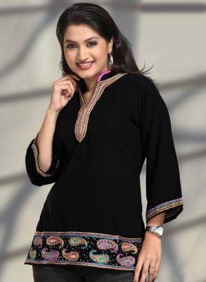 Mandarin collar 3/4th sleeve poly viscose tunic top with multi colour embroidery