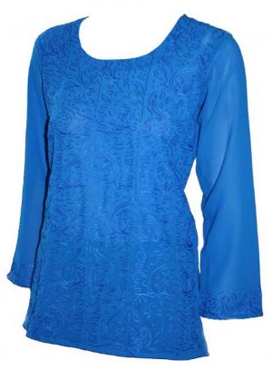 Scoop neck full sleeve thigh length thread embroidered crepe tunic