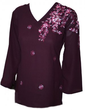 V neck full sleeve thigh length thread embroidered cotton tunic