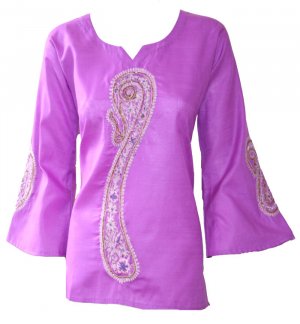 Split neck full sleeve thigh length stones n sequence silk cotton